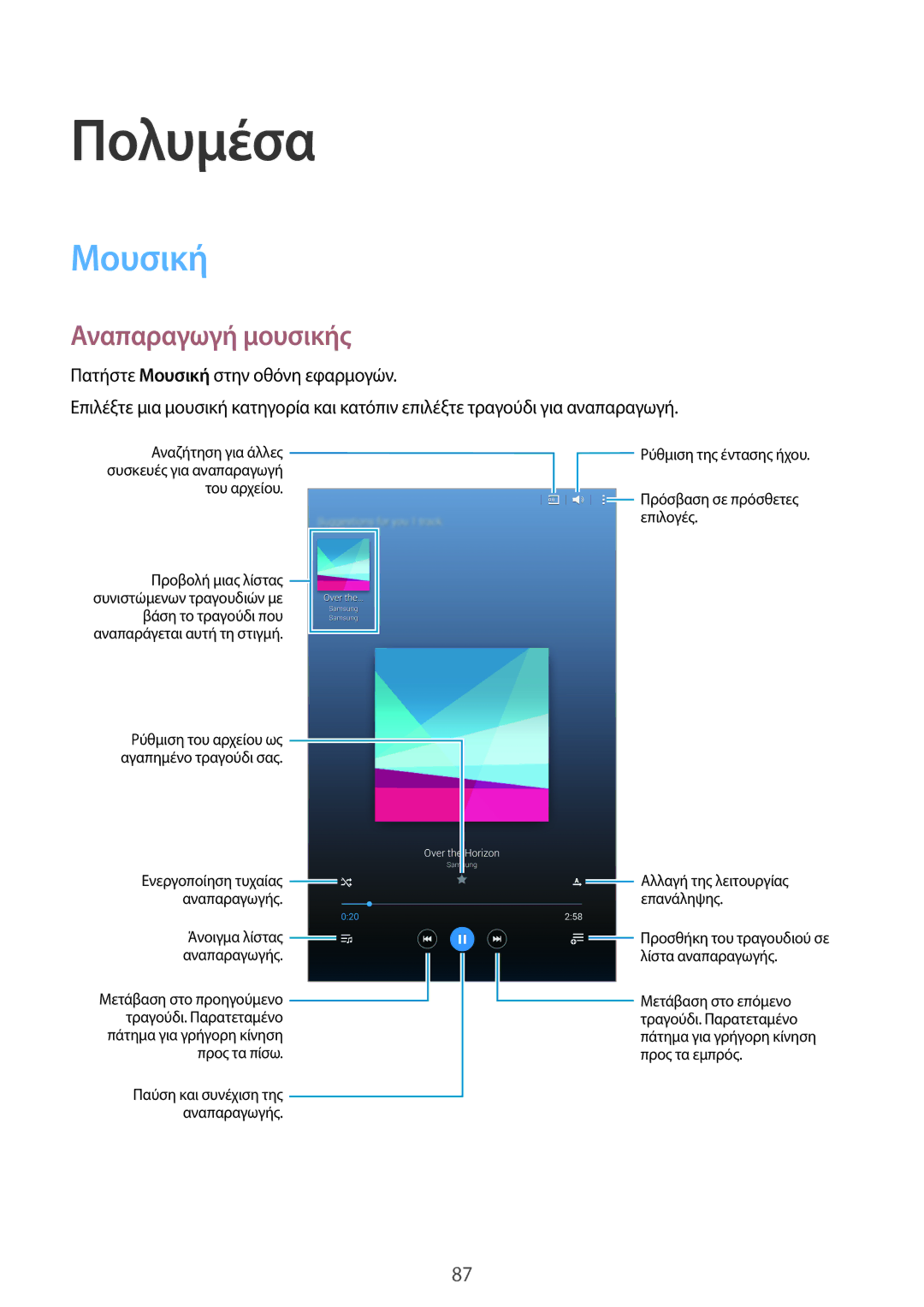 Samsung SM-T700NTSAEUR, SM-T700NZWAEUR manual Πολυμέσα, Μουσική, Αναπαραγωγή μουσικής 