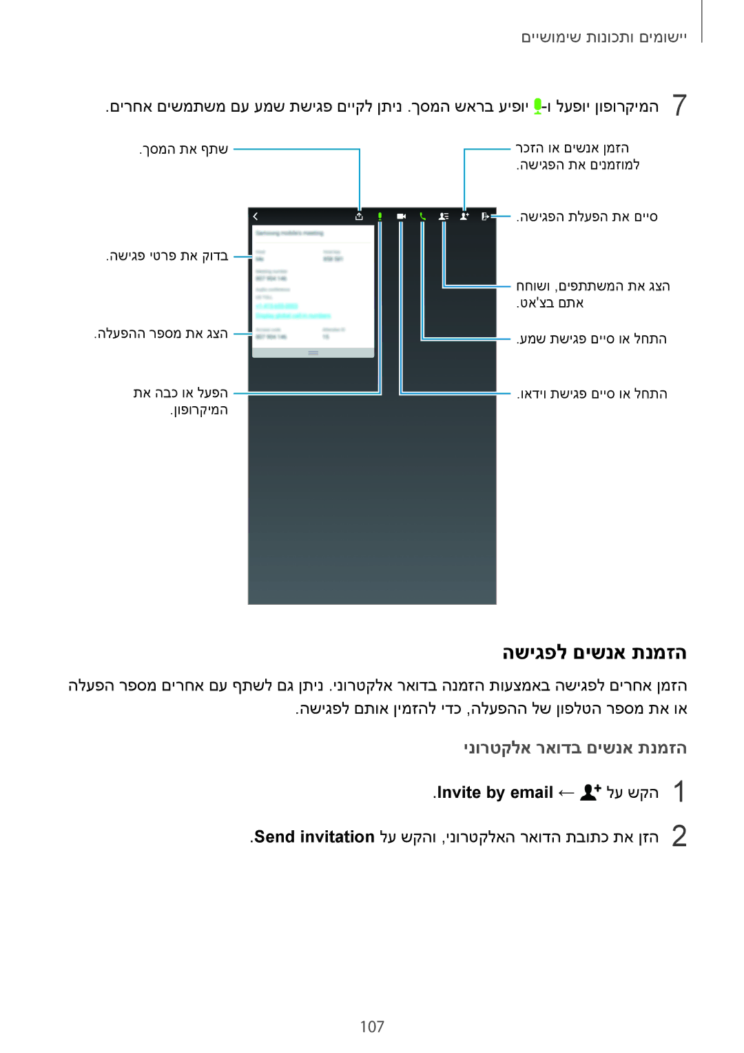 Samsung SM-T700NTSAILO, SM-T700NZWAILO manual השיגפל םישנא תנמזה, Invite by email ← לע שקה1 