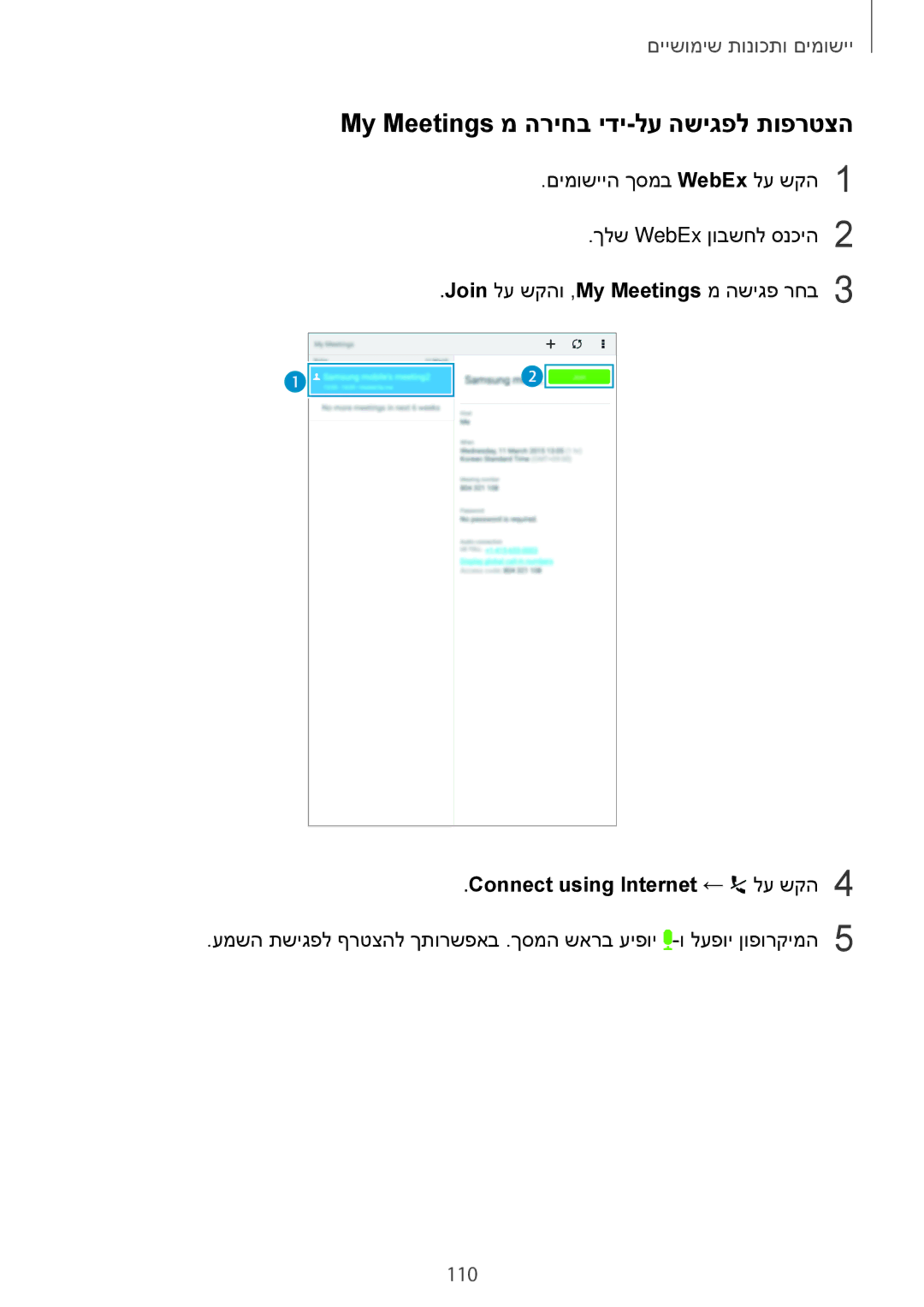 Samsung SM-T700NZWAILO, SM-T700NTSAILO manual My Meetings מ הריחב ידי-לע השיגפל תופרטצה, Connect using Internet ← לע שקה4 