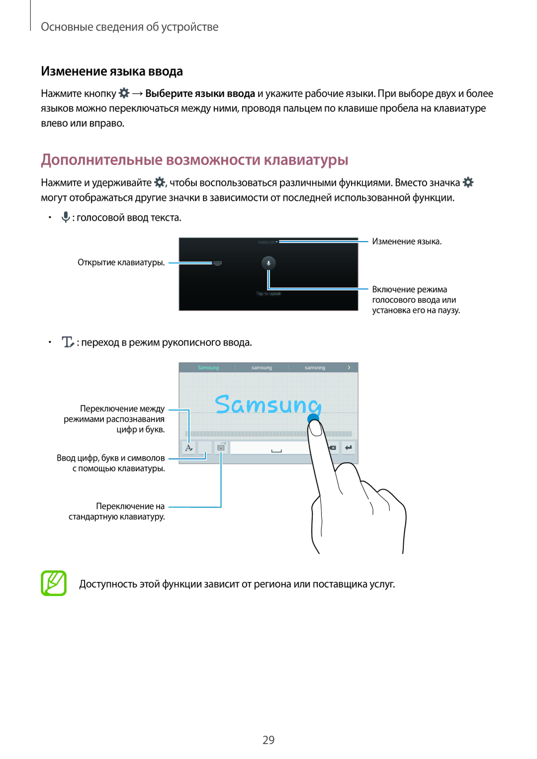 Samsung SM-T700NTSASEB, SM-T700NZWASEB Дополнительные возможности клавиатуры, Изменение языка ввода, Голосовой ввод текста 