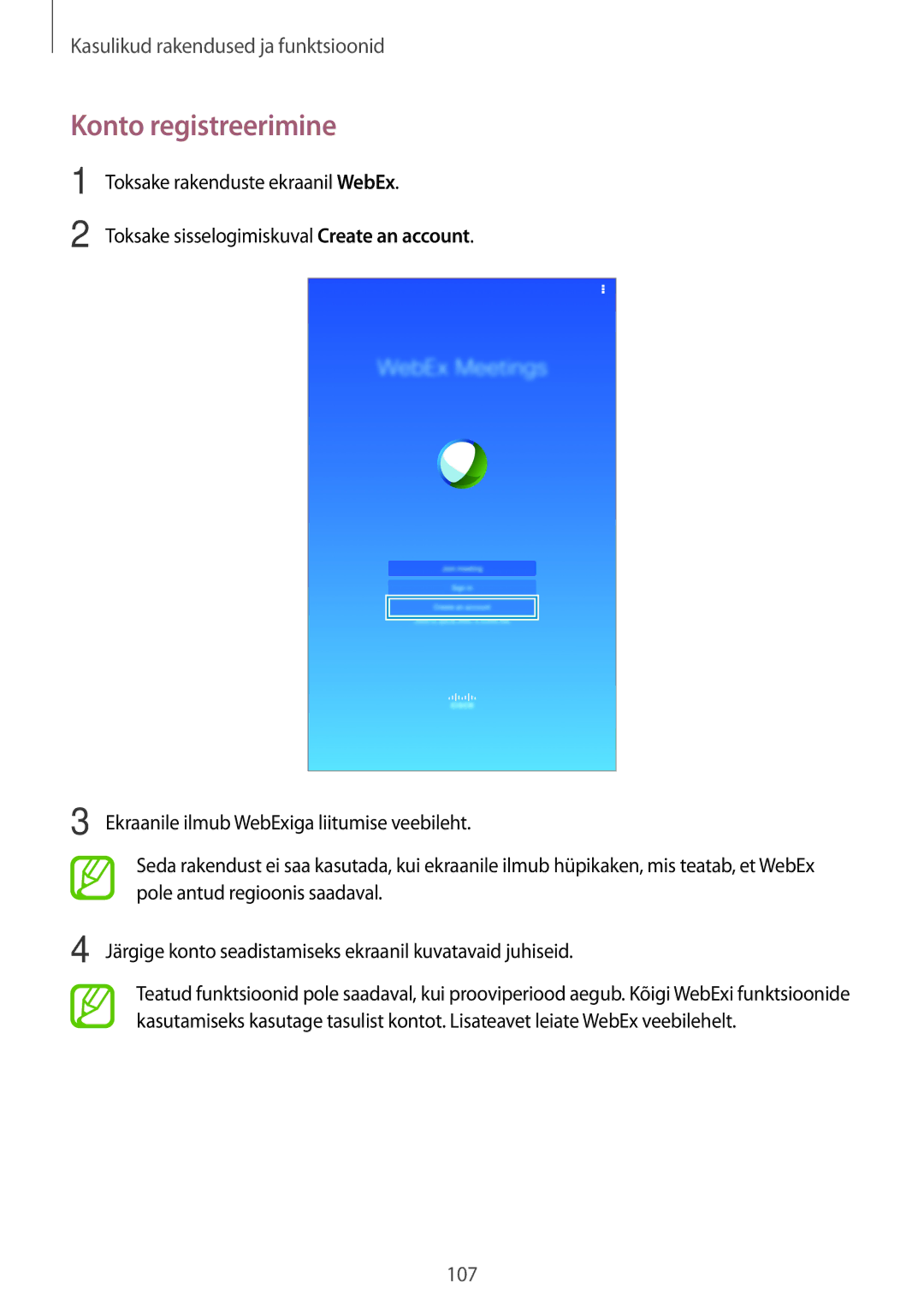 Samsung SM-T700NTSASEB, SM-T700NZWASEB manual Konto registreerimine 