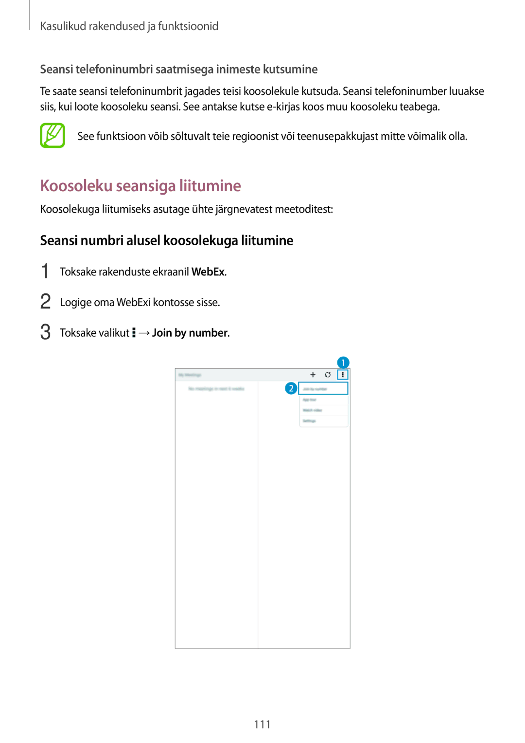 Samsung SM-T700NTSASEB, SM-T700NZWASEB manual Koosoleku seansiga liitumine, Seansi numbri alusel koosolekuga liitumine 