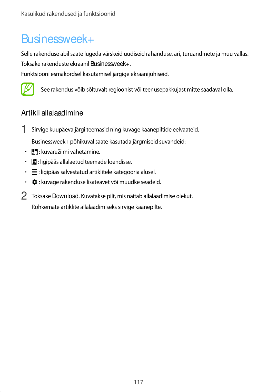 Samsung SM-T700NTSASEB, SM-T700NZWASEB manual Businessweek+, Artikli allalaadimine 