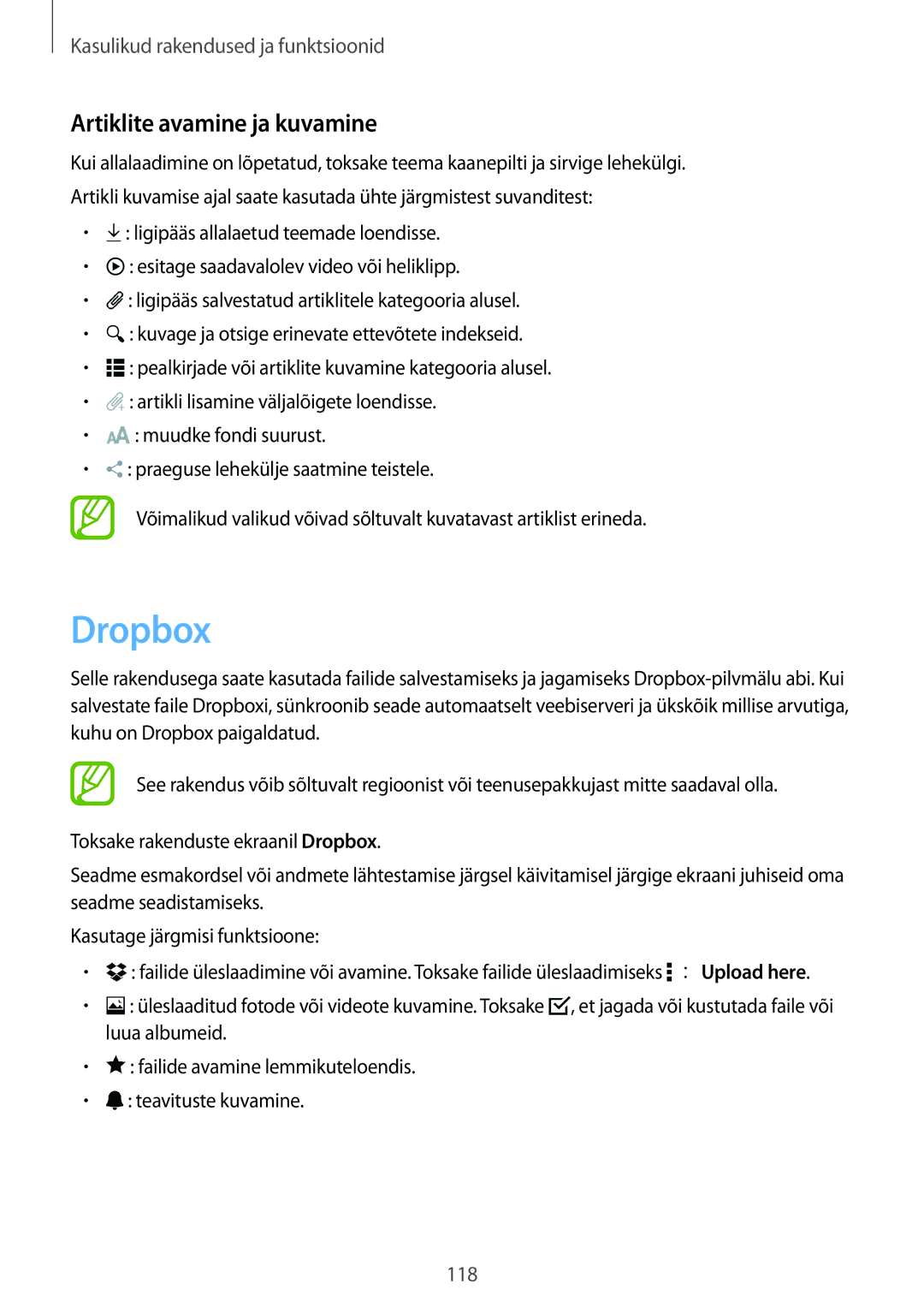 Samsung SM-T700NZWASEB, SM-T700NTSASEB manual Dropbox, Artiklite avamine ja kuvamine 