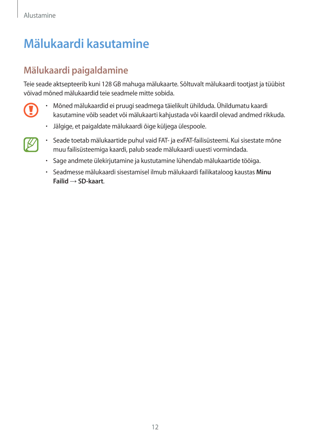 Samsung SM-T700NZWASEB, SM-T700NTSASEB manual Mälukaardi kasutamine, Mälukaardi paigaldamine 