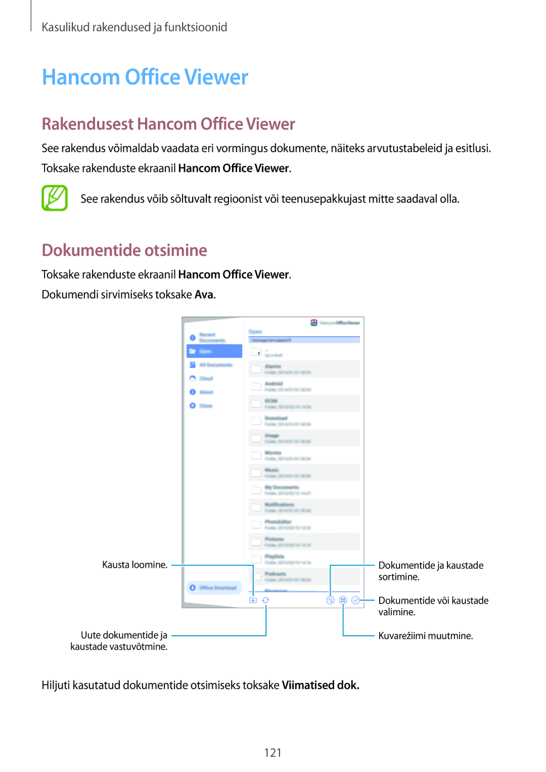 Samsung SM-T700NTSASEB, SM-T700NZWASEB manual Rakendusest Hancom Office Viewer, Dokumentide otsimine 