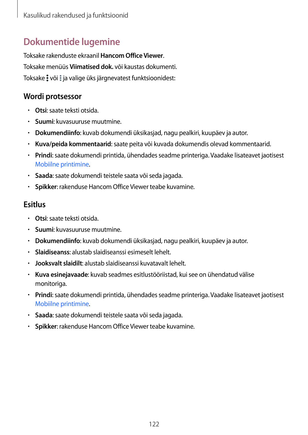 Samsung SM-T700NZWASEB, SM-T700NTSASEB manual Dokumentide lugemine, Wordi protsessor, Esitlus 