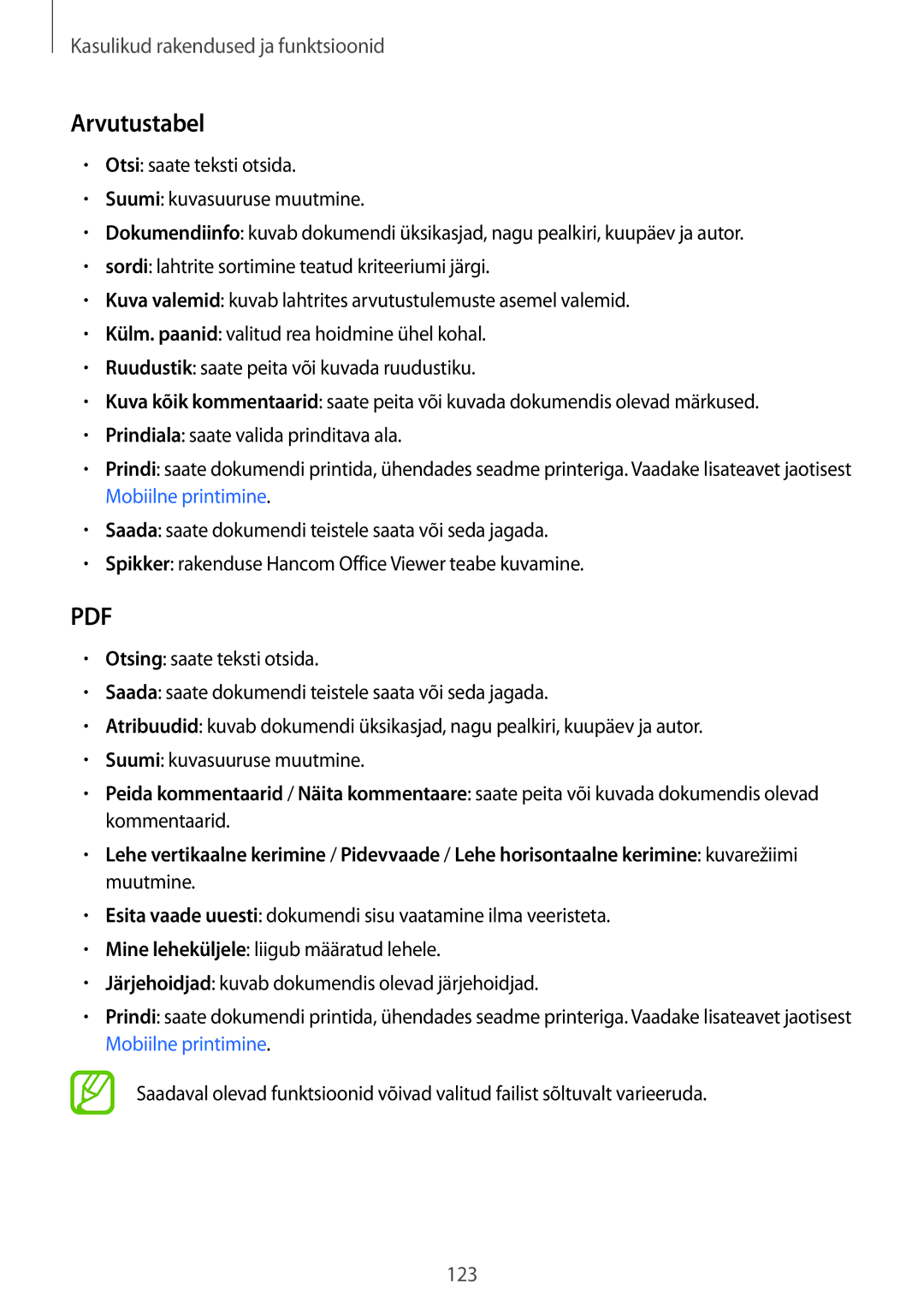 Samsung SM-T700NTSASEB, SM-T700NZWASEB manual Arvutustabel 