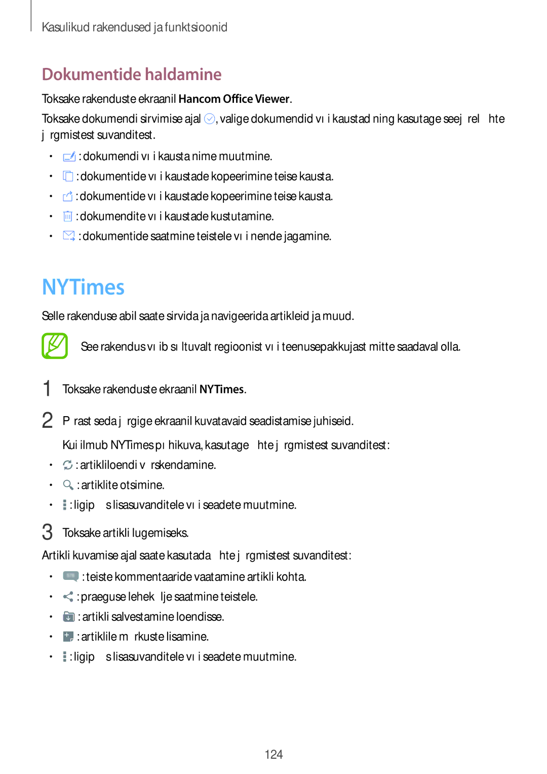 Samsung SM-T700NZWASEB, SM-T700NTSASEB manual NYTimes, Dokumentide haldamine 