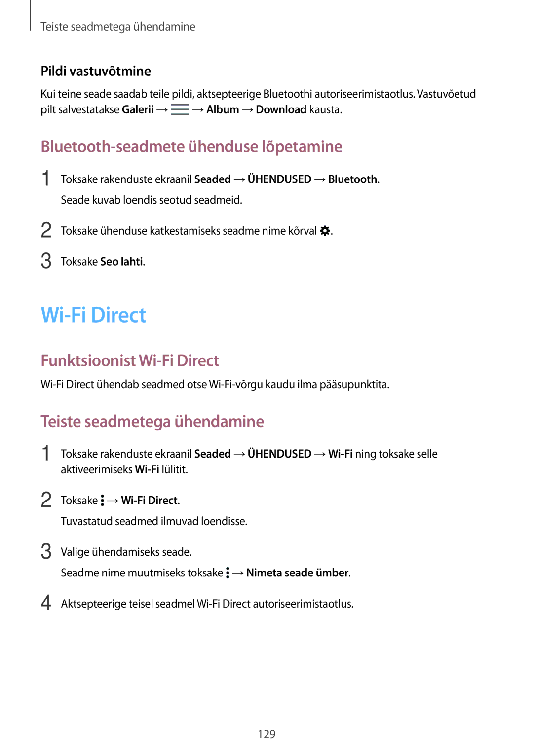 Samsung SM-T700NTSASEB manual Bluetooth-seadmete ühenduse lõpetamine, Funktsioonist Wi-Fi Direct, Pildi vastuvõtmine 