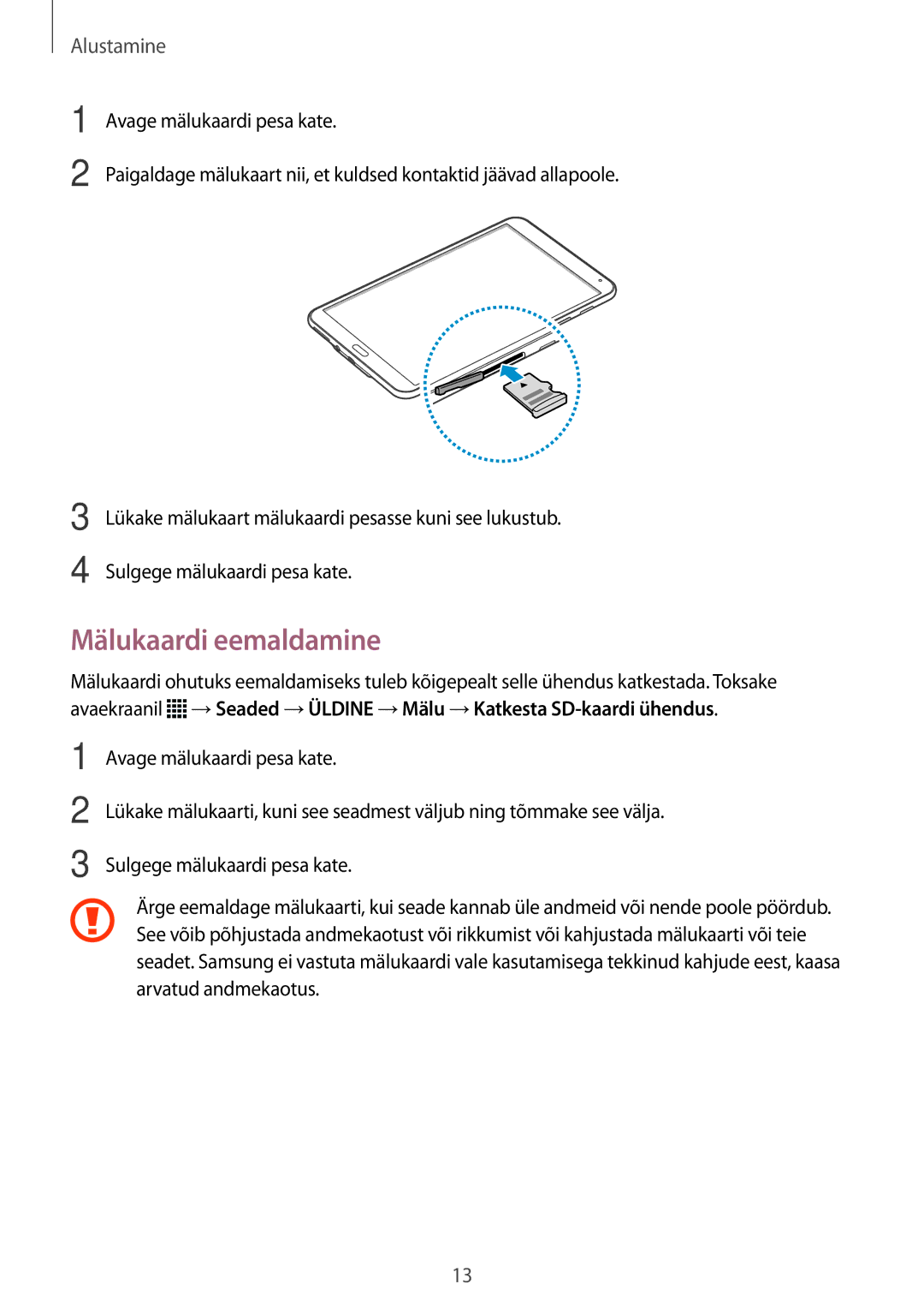 Samsung SM-T700NTSASEB, SM-T700NZWASEB manual Mälukaardi eemaldamine 