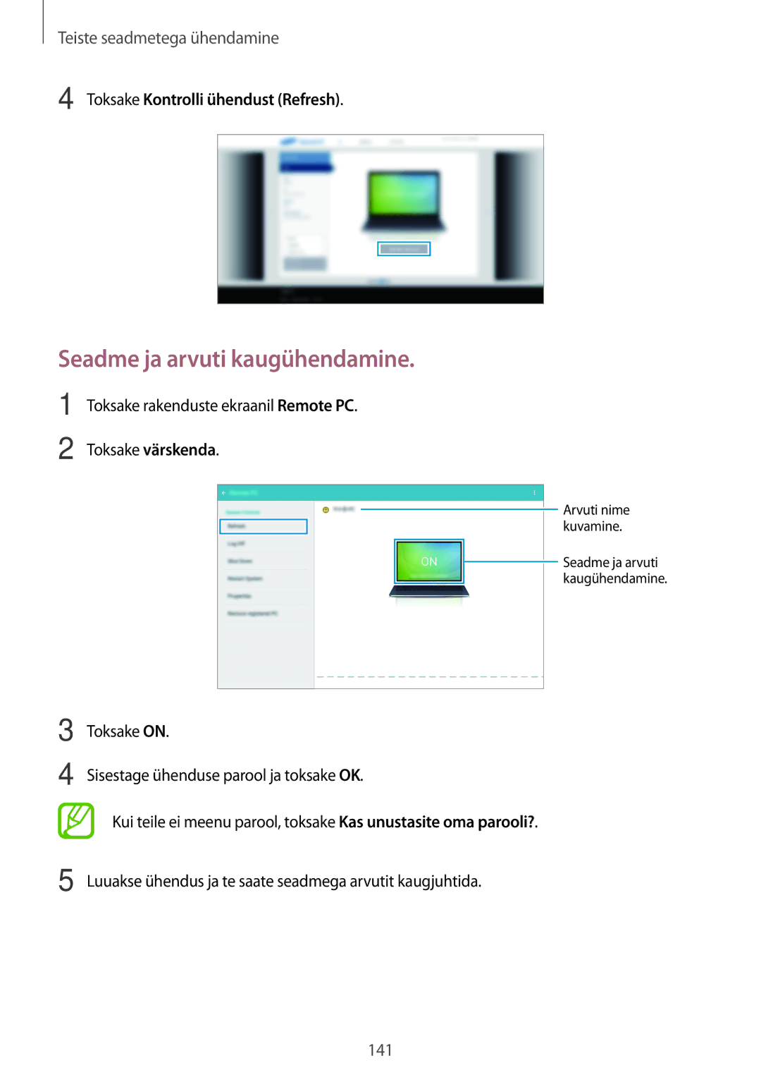 Samsung SM-T700NTSASEB, SM-T700NZWASEB manual Seadme ja arvuti kaugühendamine, Toksake Kontrolli ühendust Refresh 