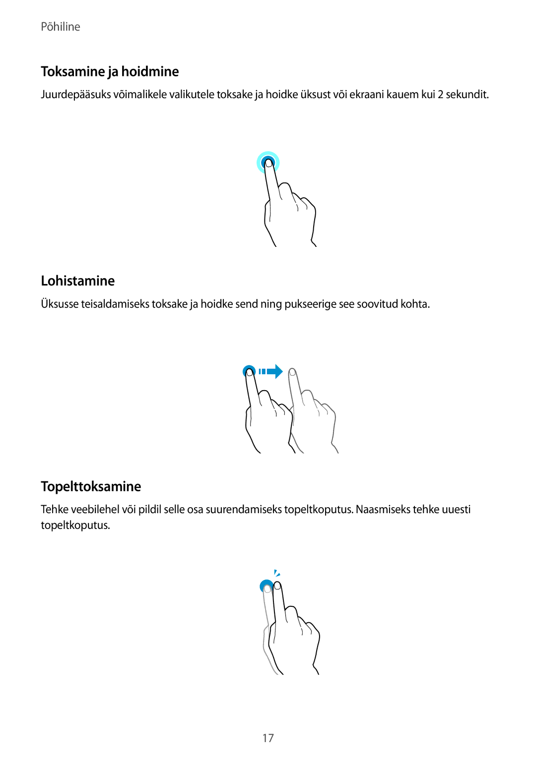 Samsung SM-T700NTSASEB, SM-T700NZWASEB manual Toksamine ja hoidmine, Lohistamine, Topelttoksamine 