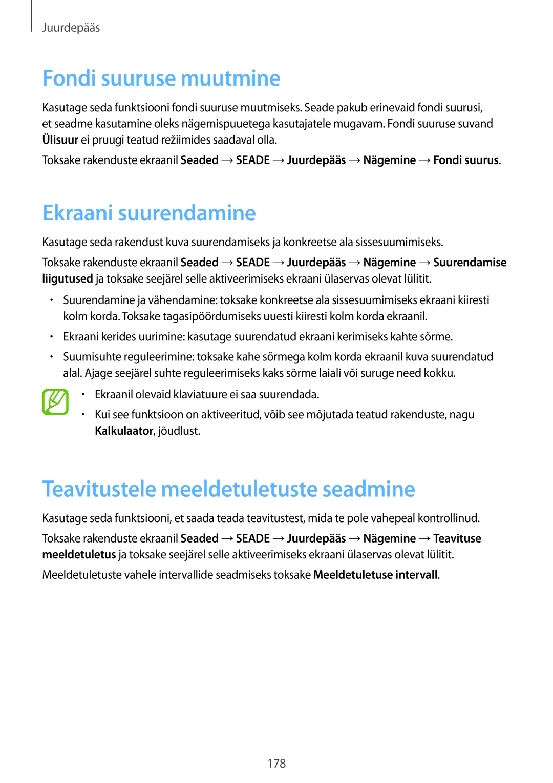 Samsung SM-T700NZWASEB, SM-T700NTSASEB Fondi suuruse muutmine, Ekraani suurendamine, Teavitustele meeldetuletuste seadmine 