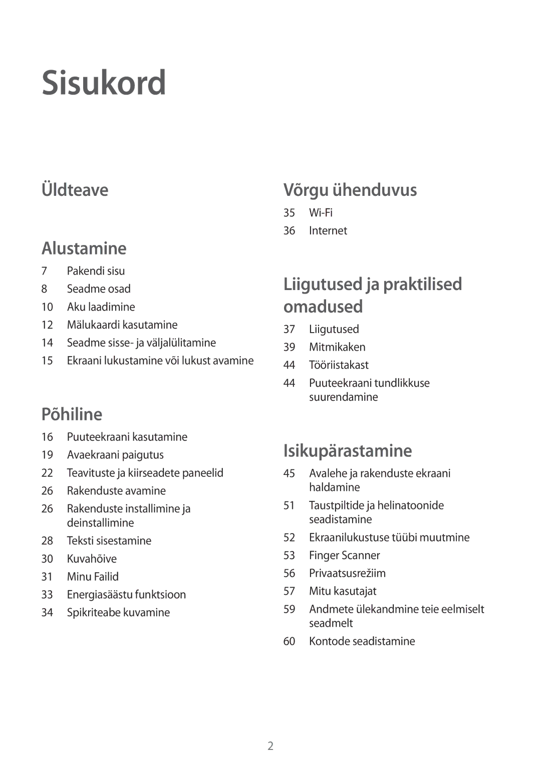 Samsung SM-T700NZWASEB, SM-T700NTSASEB manual Sisukord, Üldteave Alustamine 