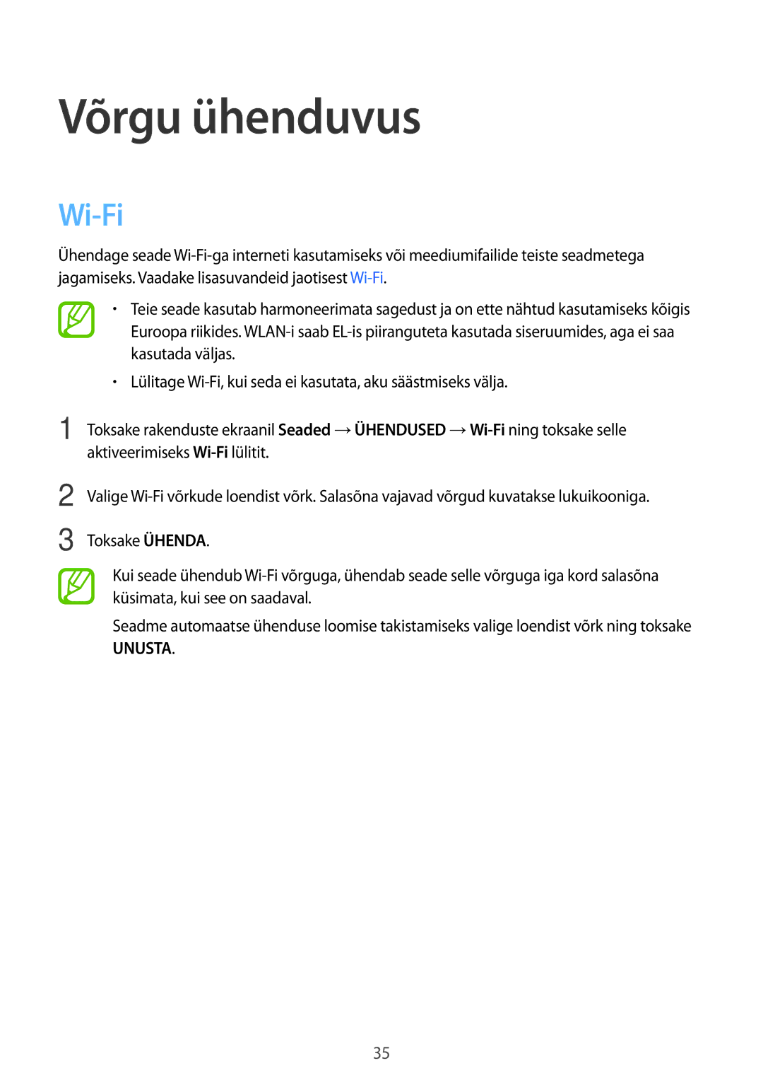 Samsung SM-T700NTSASEB, SM-T700NZWASEB manual Võrgu ühenduvus, Wi-Fi 