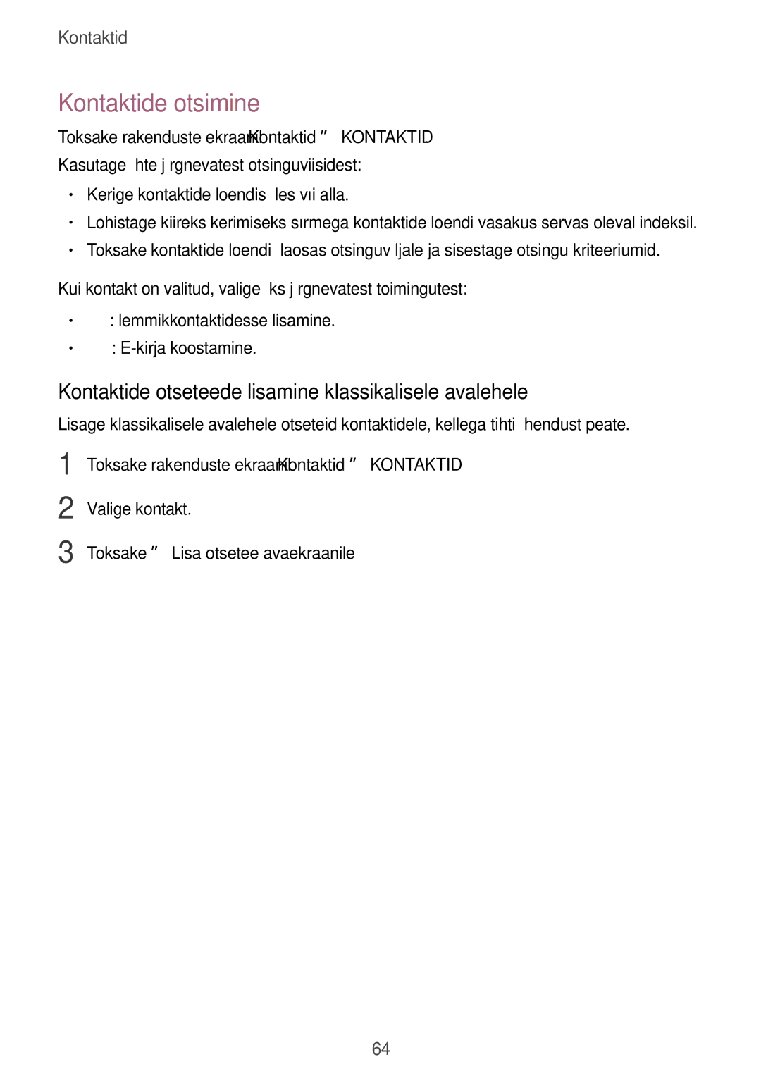 Samsung SM-T700NZWASEB, SM-T700NTSASEB manual Kontaktide otsimine, Kontaktide otseteede lisamine klassikalisele avalehele 