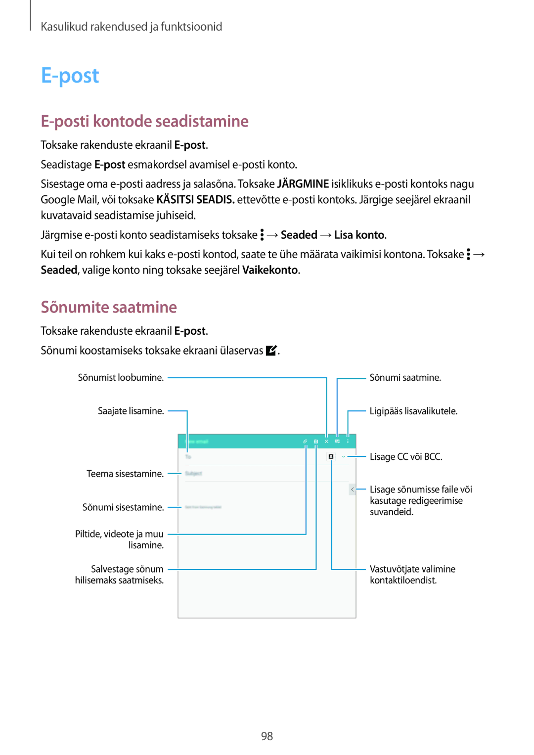 Samsung SM-T700NZWASEB, SM-T700NTSASEB manual Posti kontode seadistamine, Sõnumite saatmine 