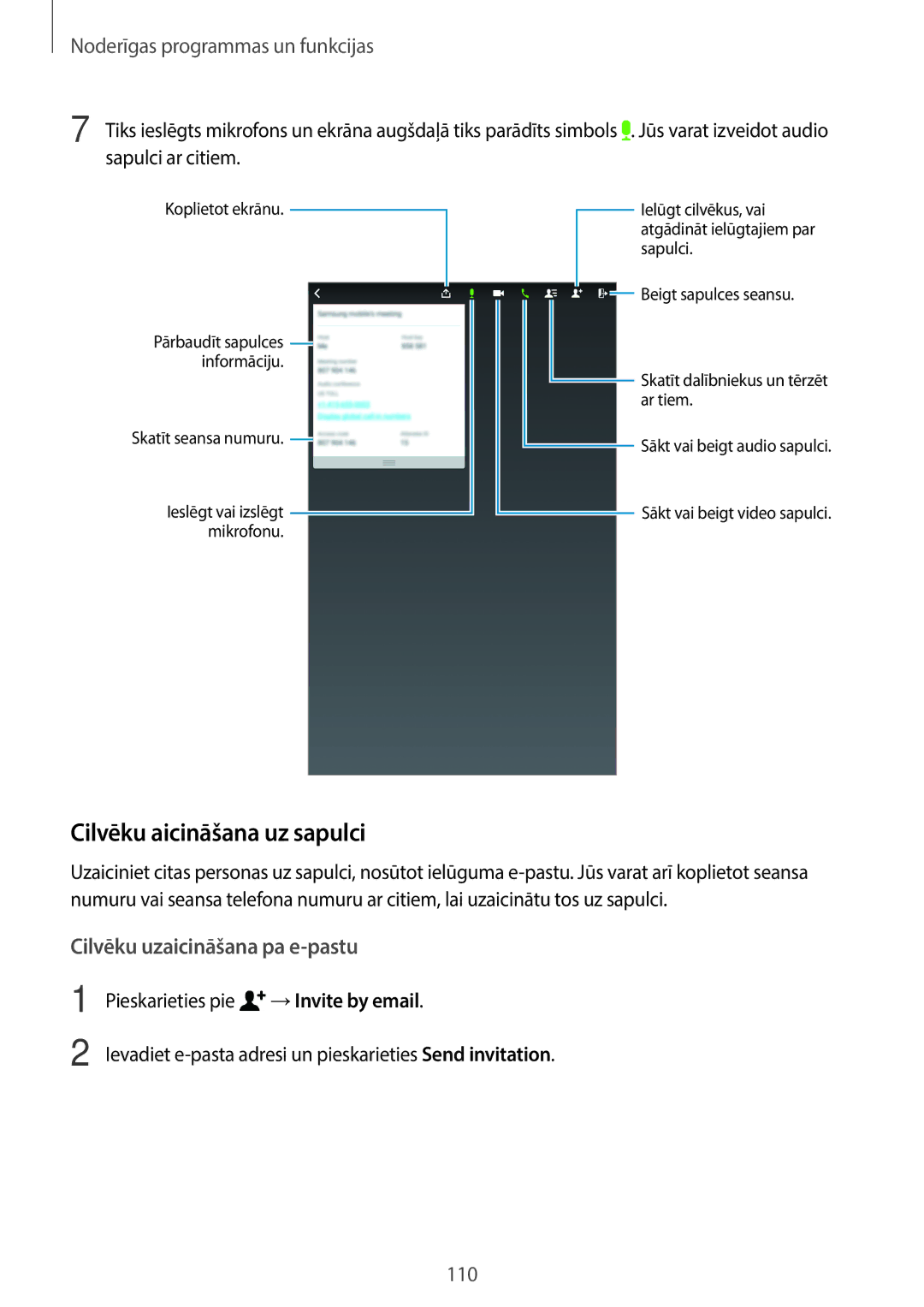 Samsung SM-T700NZWASEB, SM-T700NTSASEB manual Cilvēku aicināšana uz sapulci, Cilvēku uzaicināšana pa e-pastu 