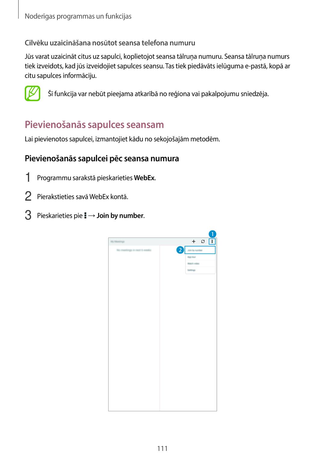 Samsung SM-T700NTSASEB, SM-T700NZWASEB manual Pievienošanās sapulces seansam, Pievienošanās sapulcei pēc seansa numura 