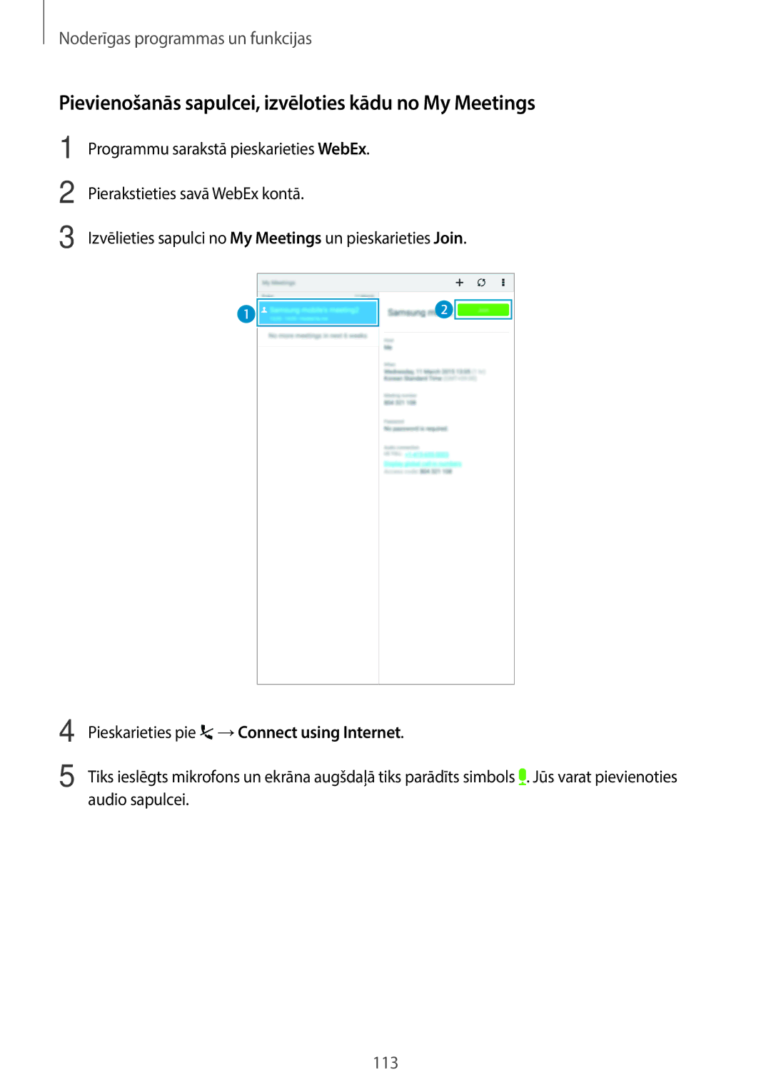 Samsung SM-T700NTSASEB, SM-T700NZWASEB manual Pievienošanās sapulcei, izvēloties kādu no My Meetings 