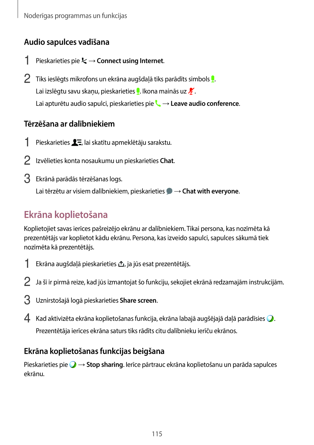 Samsung SM-T700NTSASEB, SM-T700NZWASEB manual Ekrāna koplietošana, Audio sapulces vadīšana, Tērzēšana ar dalībniekiem 