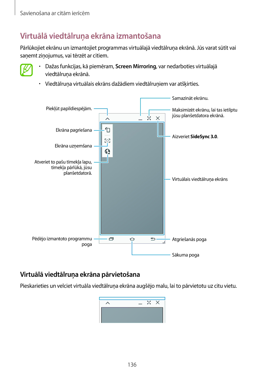 Samsung SM-T700NZWASEB, SM-T700NTSASEB Virtuālā viedtālruņa ekrāna izmantošana, Virtuālā viedtālruņa ekrāna pārvietošana 