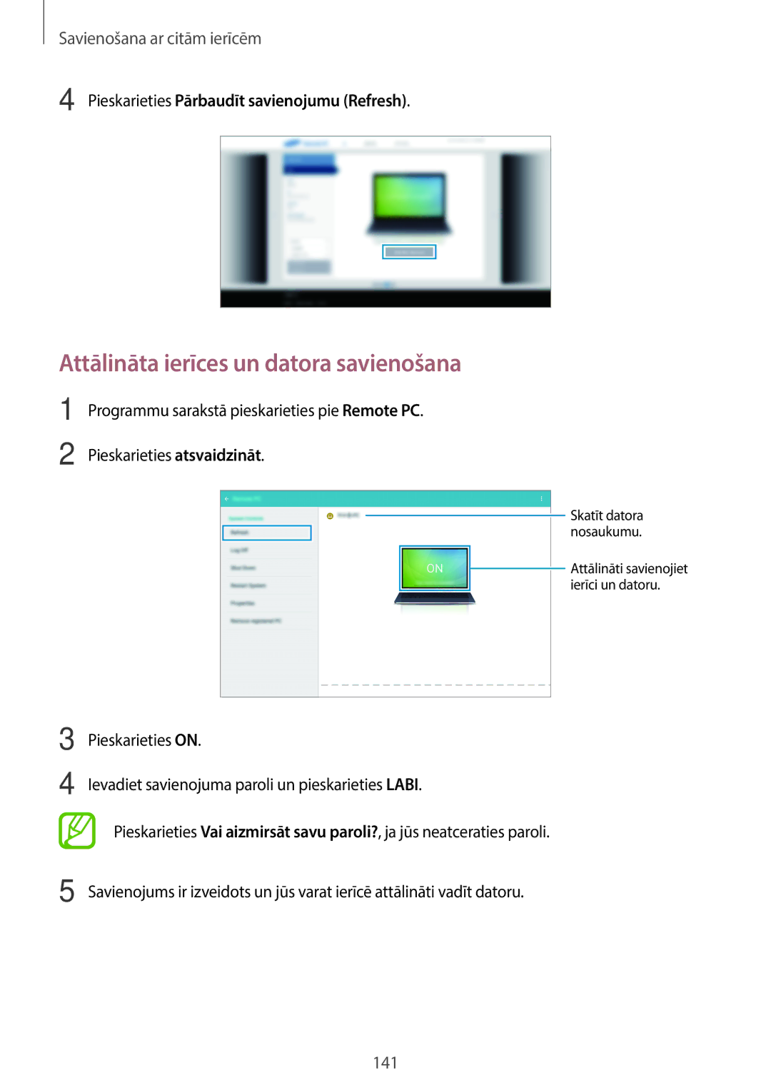 Samsung SM-T700NTSASEB manual Attālināta ierīces un datora savienošana, Pieskarieties Pārbaudīt savienojumu Refresh 