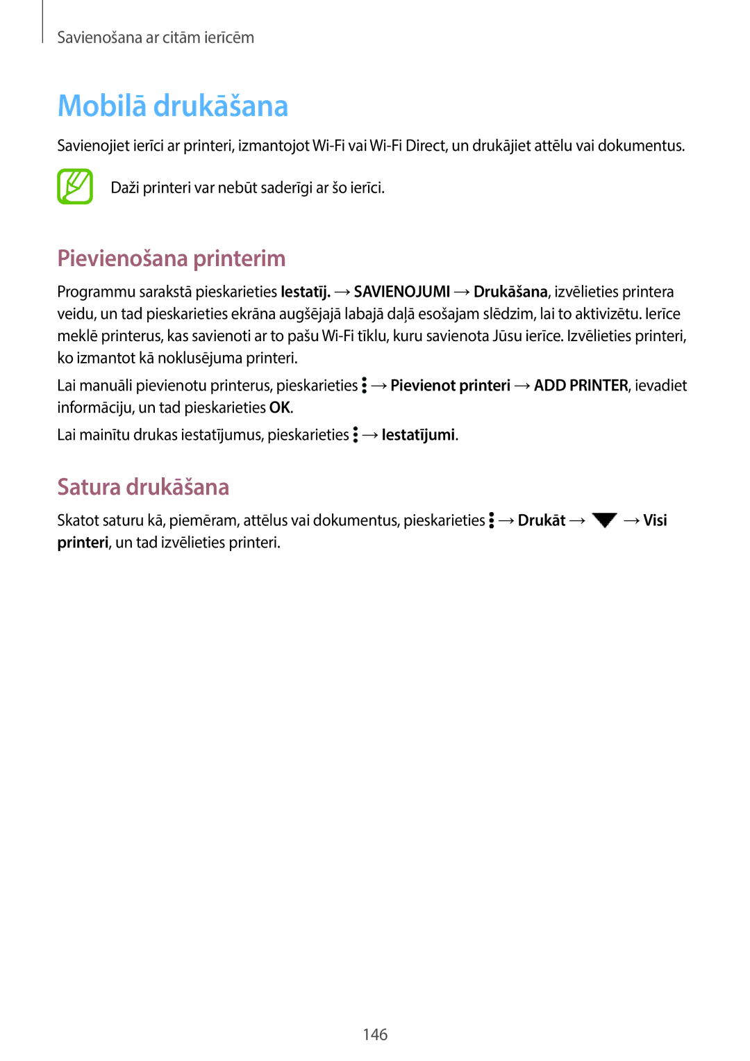 Samsung SM-T700NZWASEB, SM-T700NTSASEB manual Mobilā drukāšana, Pievienošana printerim, Satura drukāšana 