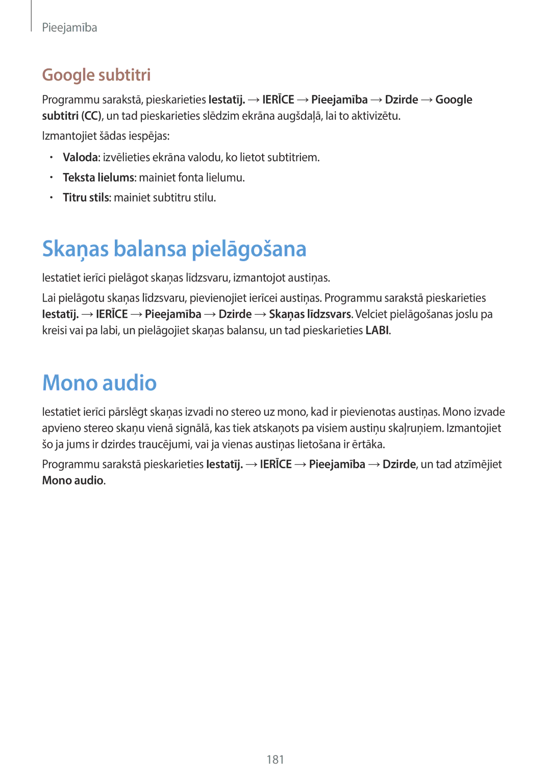 Samsung SM-T700NTSASEB, SM-T700NZWASEB manual Skaņas balansa pielāgošana, Mono audio, Google subtitri 