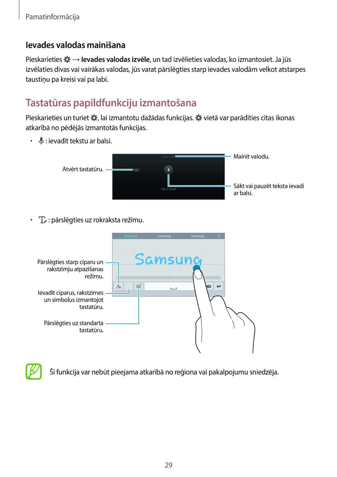 Samsung SM-T700NTSASEB Tastatūras papildfunkciju izmantošana, Ievades valodas mainīšana, Pārslēgties uz rokraksta režīmu 