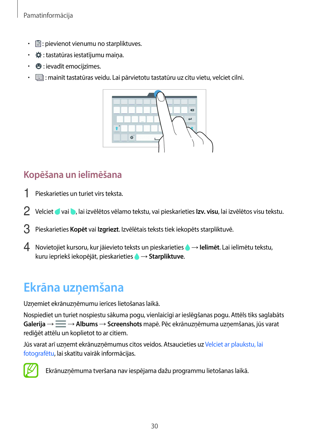 Samsung SM-T700NZWASEB, SM-T700NTSASEB manual Ekrāna uzņemšana, Kopēšana un ielīmēšana, Pieskarieties un turiet virs teksta 