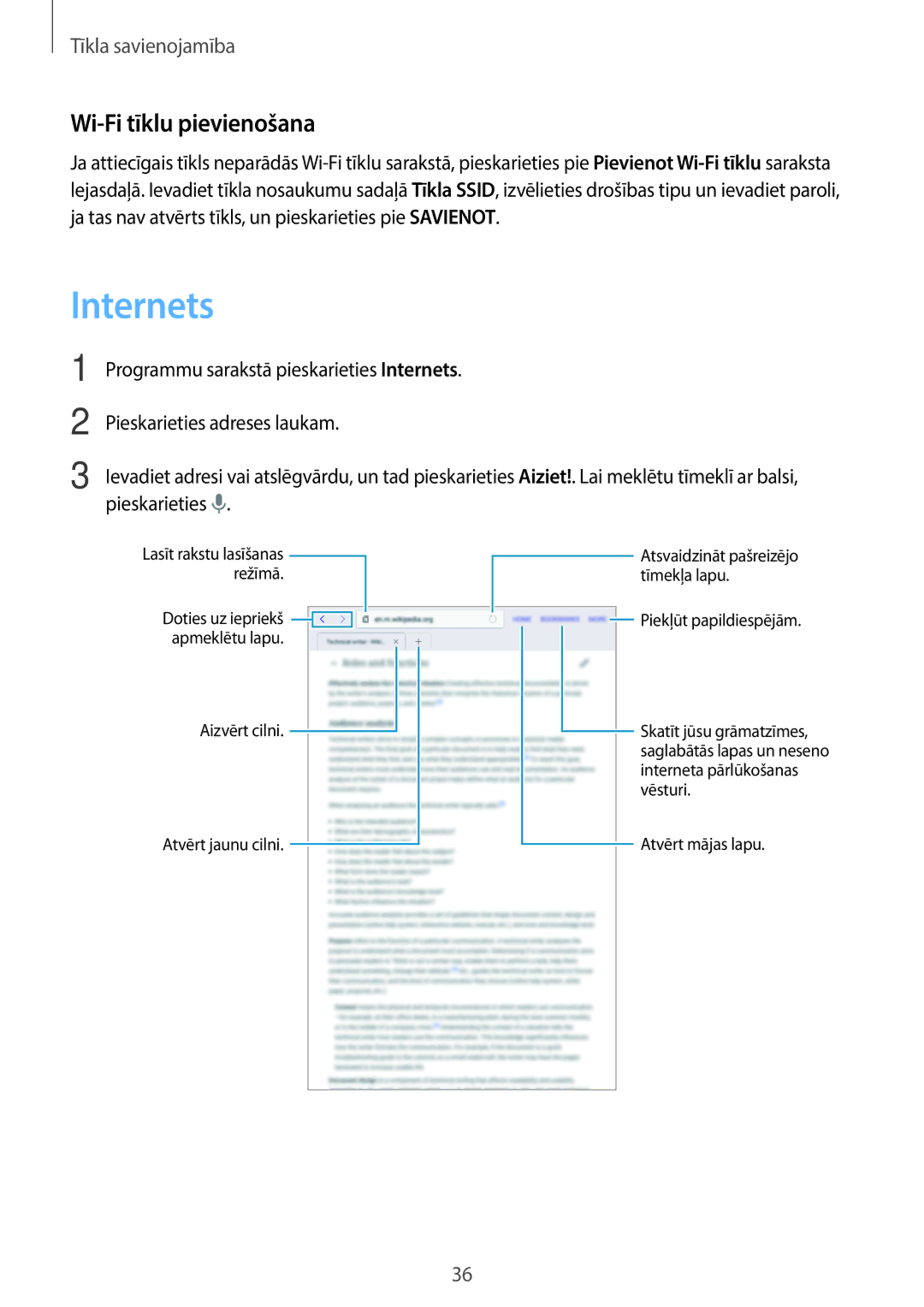 Samsung SM-T700NZWASEB, SM-T700NTSASEB manual Internets, Wi-Fi tīklu pievienošana 