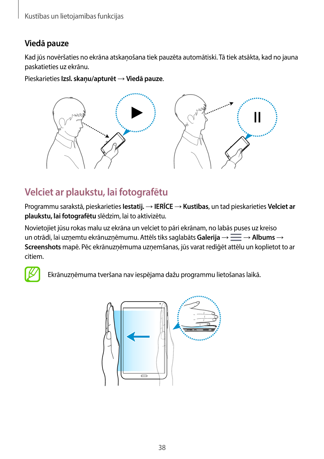 Samsung SM-T700NZWASEB manual Velciet ar plaukstu, lai fotografētu, Pieskarieties Izsl. skaņu/apturēt → Viedā pauze 