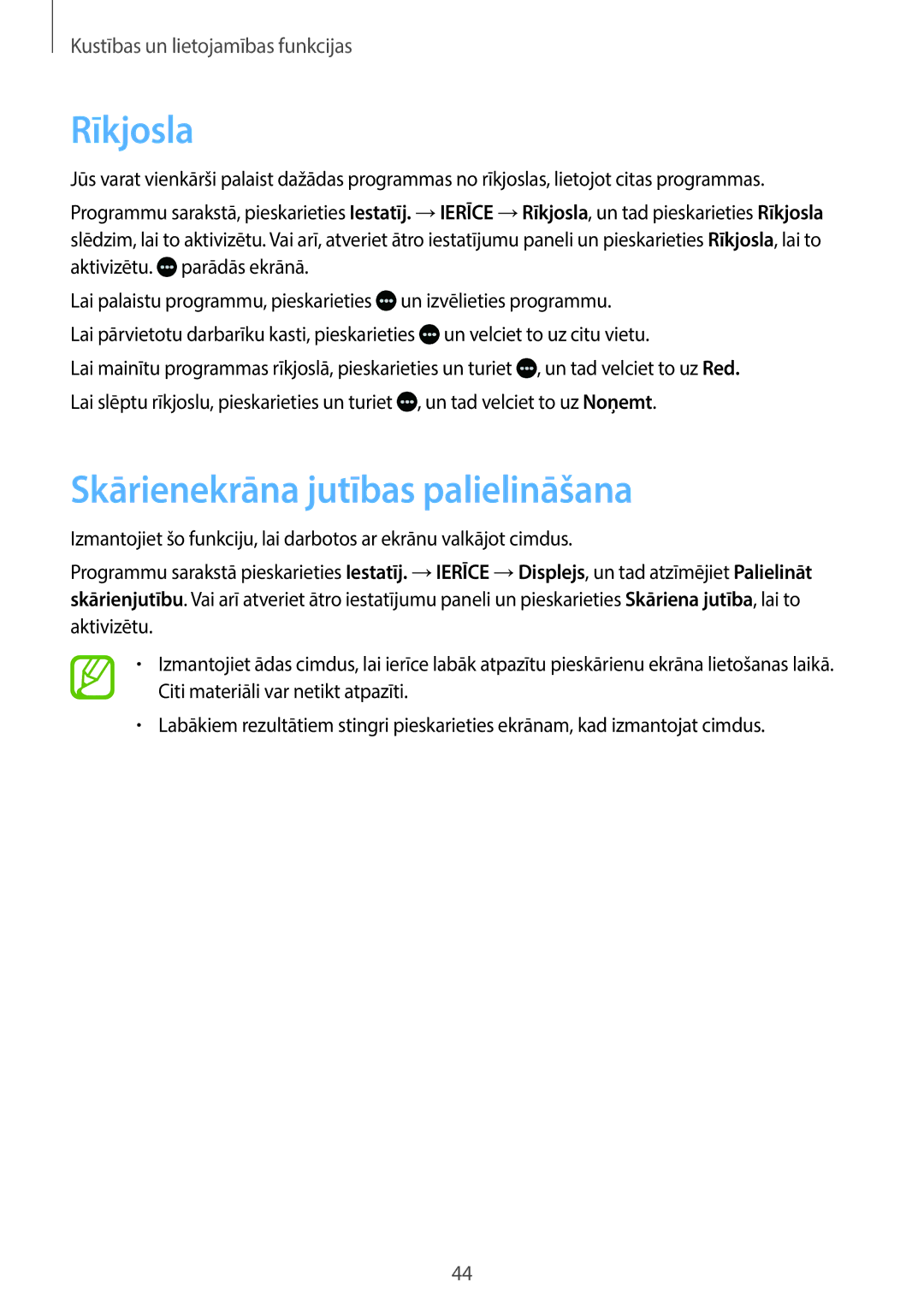 Samsung SM-T700NZWASEB, SM-T700NTSASEB manual Rīkjosla, Skārienekrāna jutības palielināšana 