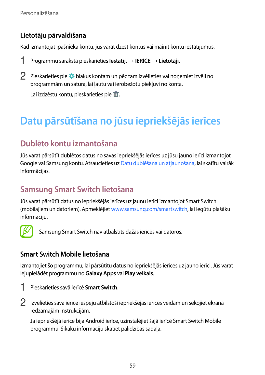 Samsung SM-T700NTSASEB Datu pārsūtīšana no jūsu iepriekšējās ierīces, Dublēto kontu izmantošana, Lietotāju pārvaldīšana 