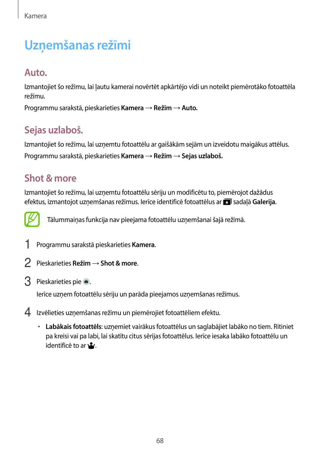 Samsung SM-T700NZWASEB, SM-T700NTSASEB manual Uzņemšanas režīmi, Auto, Sejas uzlaboš, Shot & more 
