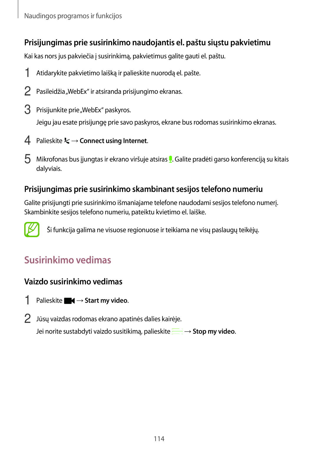 Samsung SM-T700NZWASEB, SM-T700NTSASEB manual Susirinkimo vedimas, Vaizdo susirinkimo vedimas, Palieskite →Start my video 