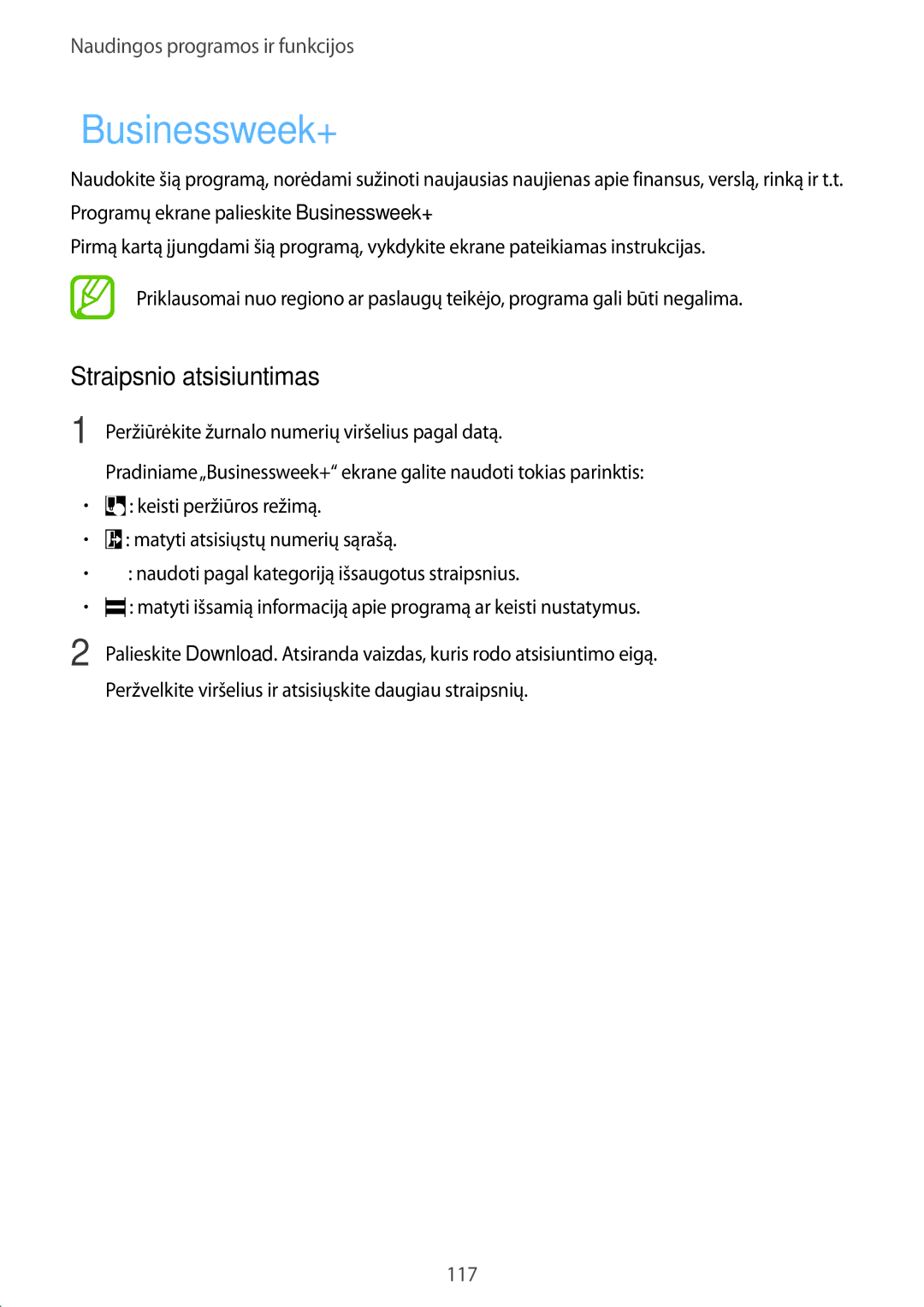 Samsung SM-T700NTSASEB, SM-T700NZWASEB manual „Businessweek+, Straipsnio atsisiuntimas 