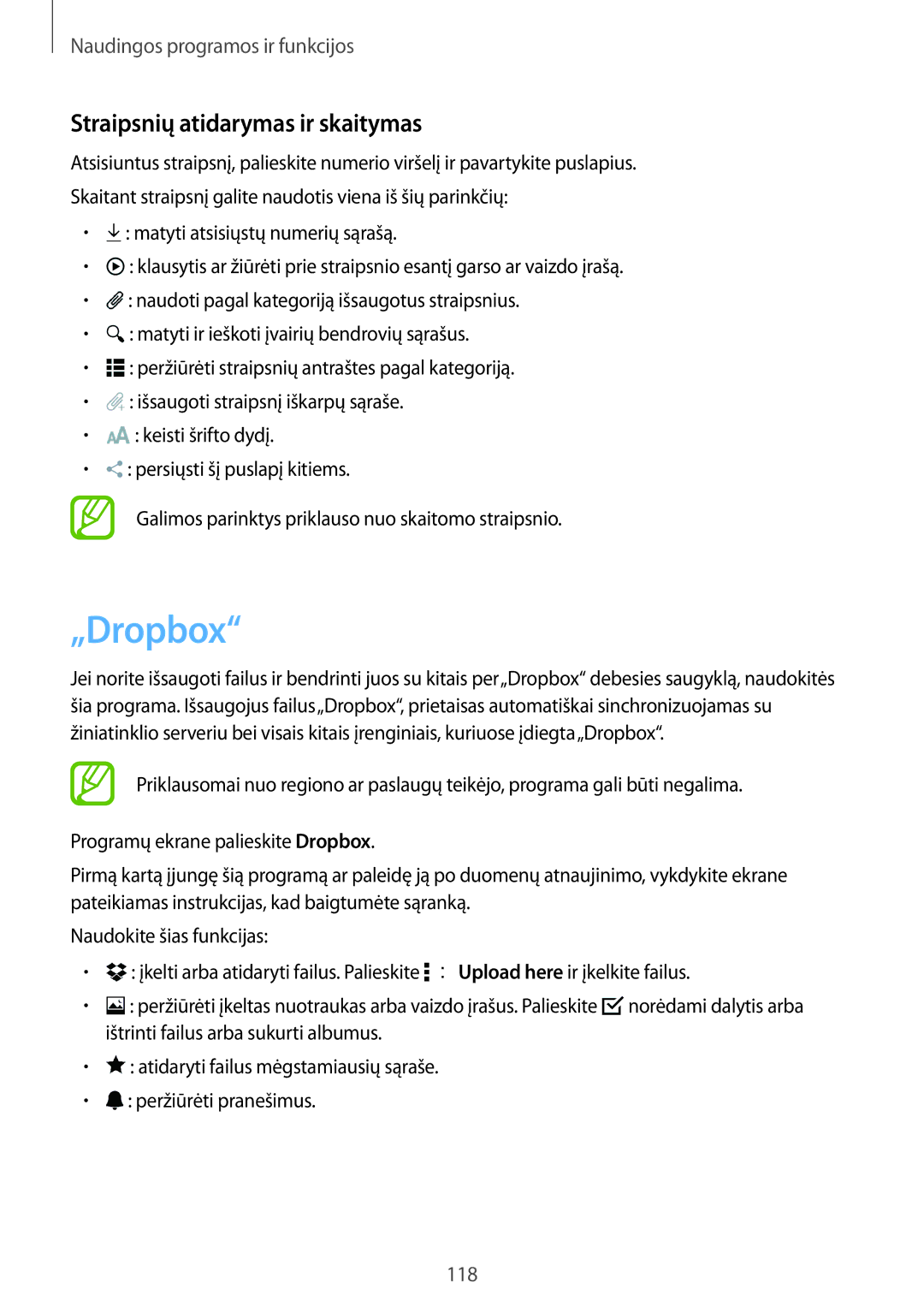 Samsung SM-T700NZWASEB, SM-T700NTSASEB manual „Dropbox, Straipsnių atidarymas ir skaitymas 