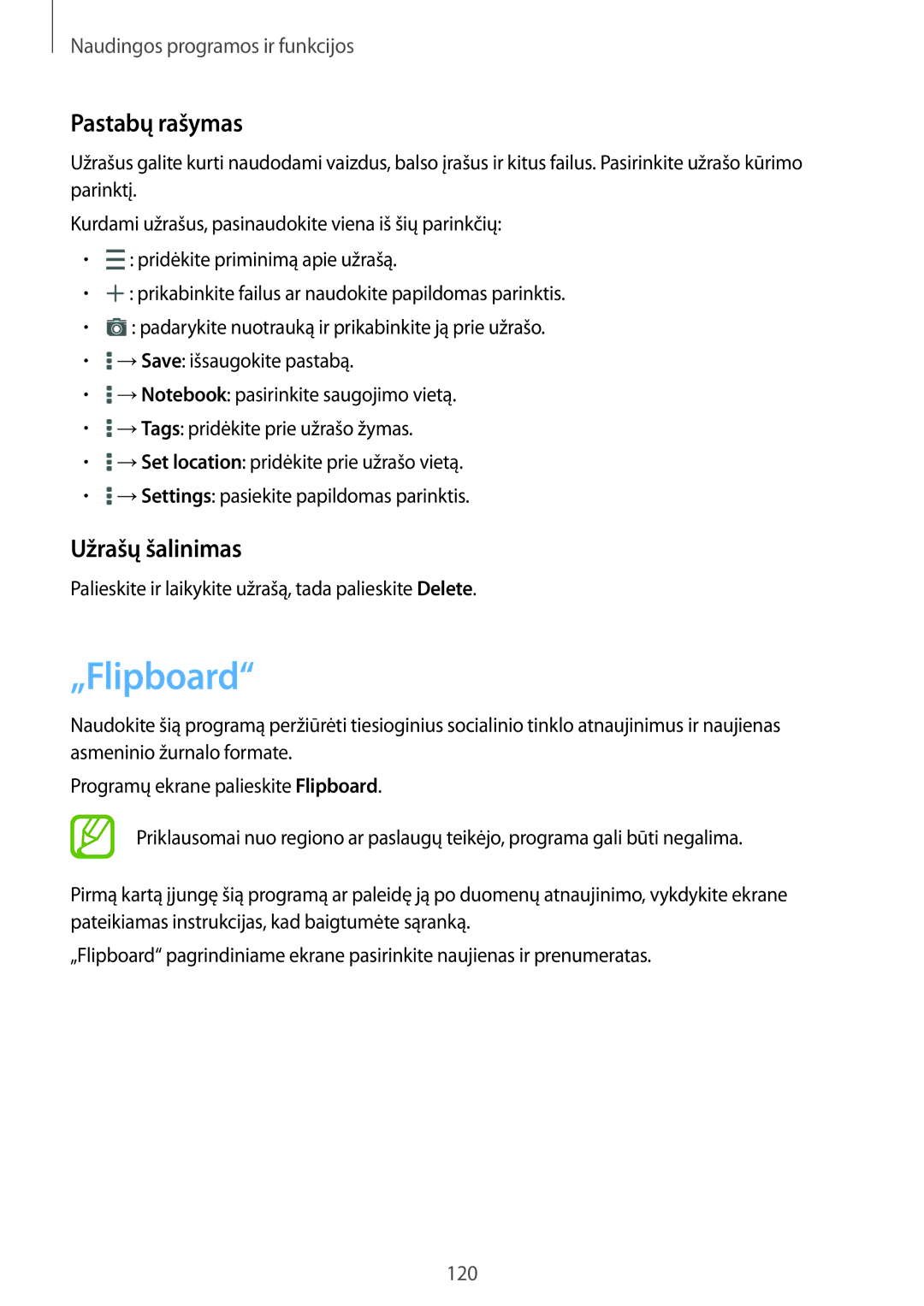 Samsung SM-T700NZWASEB, SM-T700NTSASEB manual „Flipboard, Pastabų rašymas, Užrašų šalinimas 
