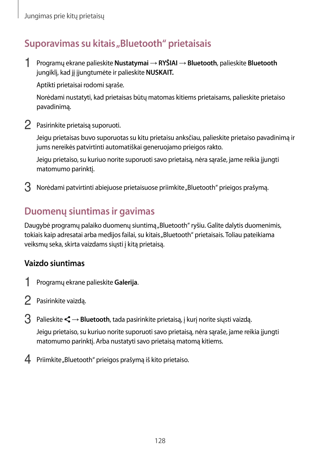 Samsung SM-T700NZWASEB manual Suporavimas su kitais„Bluetooth prietaisais, Duomenų siuntimas ir gavimas, Vaizdo siuntimas 