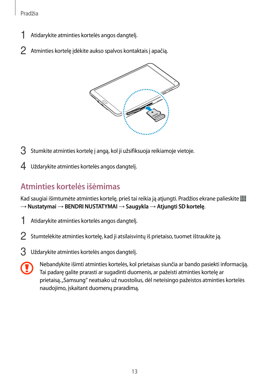 Samsung SM-T700NTSASEB, SM-T700NZWASEB manual Atminties kortelės išėmimas 