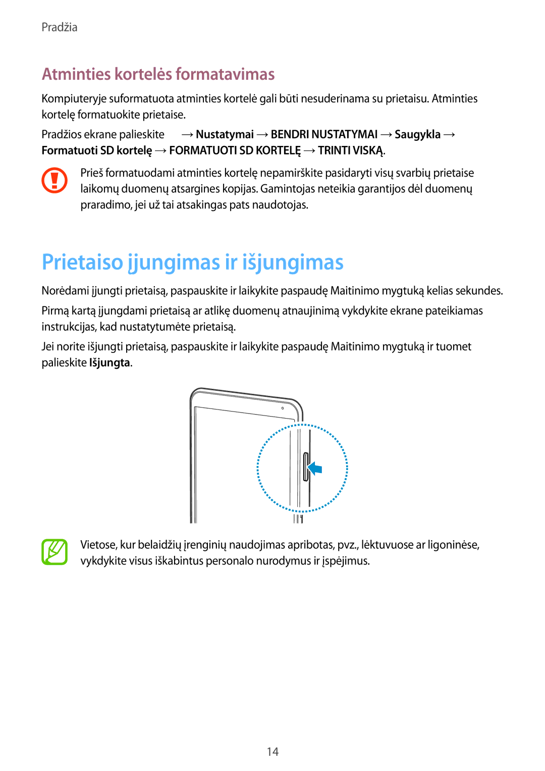 Samsung SM-T700NZWASEB, SM-T700NTSASEB manual Prietaiso įjungimas ir išjungimas, Atminties kortelės formatavimas 