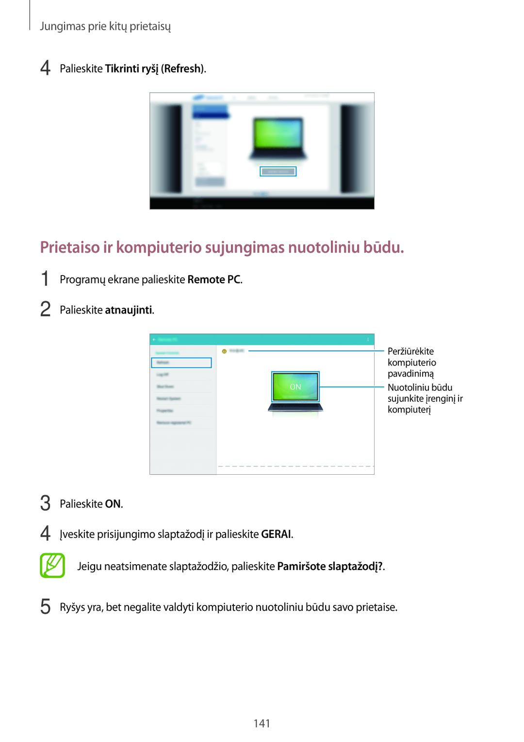 Samsung SM-T700NTSASEB manual Prietaiso ir kompiuterio sujungimas nuotoliniu būdu, Palieskite Tikrinti ryšį Refresh 