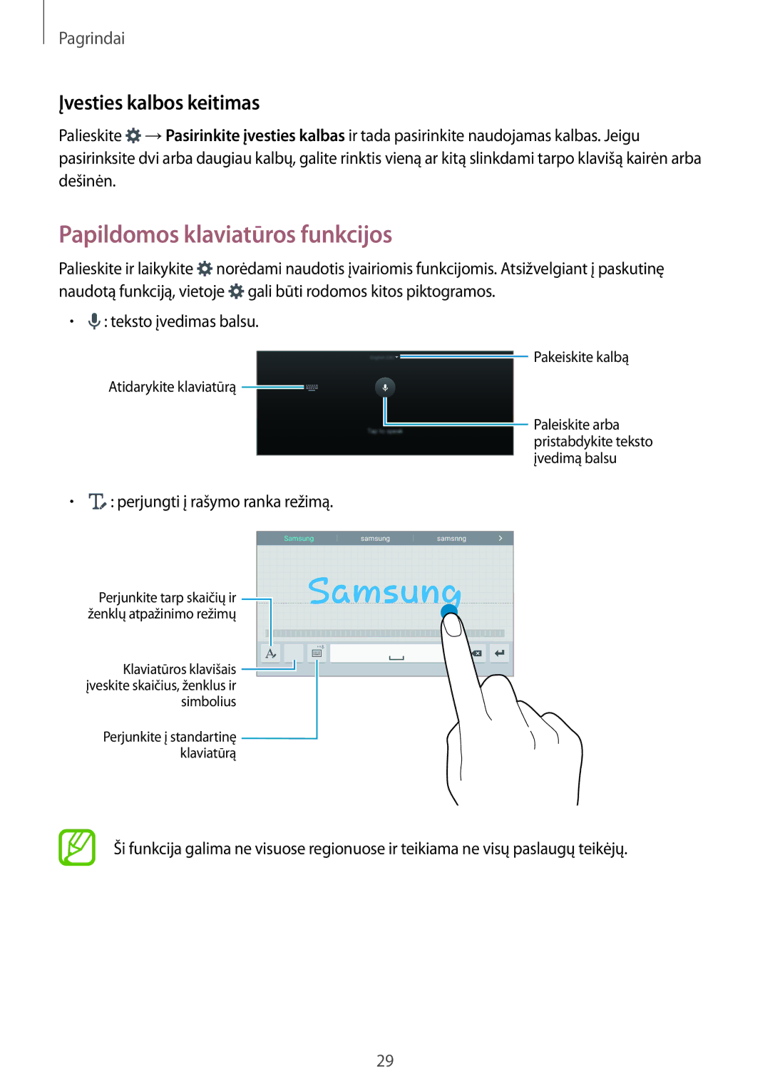 Samsung SM-T700NTSASEB manual Papildomos klaviatūros funkcijos, Įvesties kalbos keitimas, Perjungti į rašymo ranka režimą 