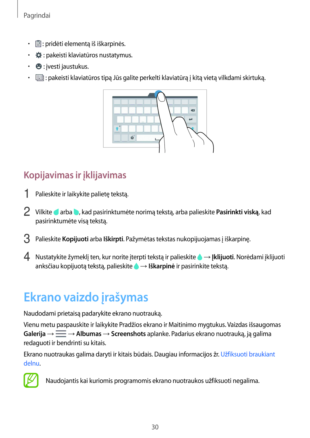 Samsung SM-T700NZWASEB, SM-T700NTSASEB manual Ekrano vaizdo įrašymas, Kopijavimas ir įklijavimas 