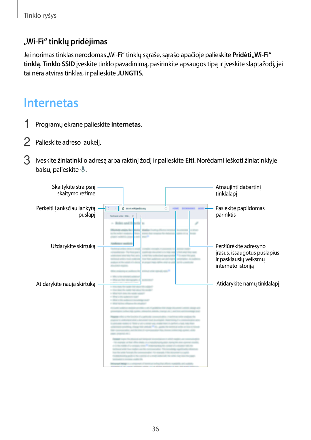 Samsung SM-T700NZWASEB, SM-T700NTSASEB manual Internetas, „Wi-Fi tinklų pridėjimas 