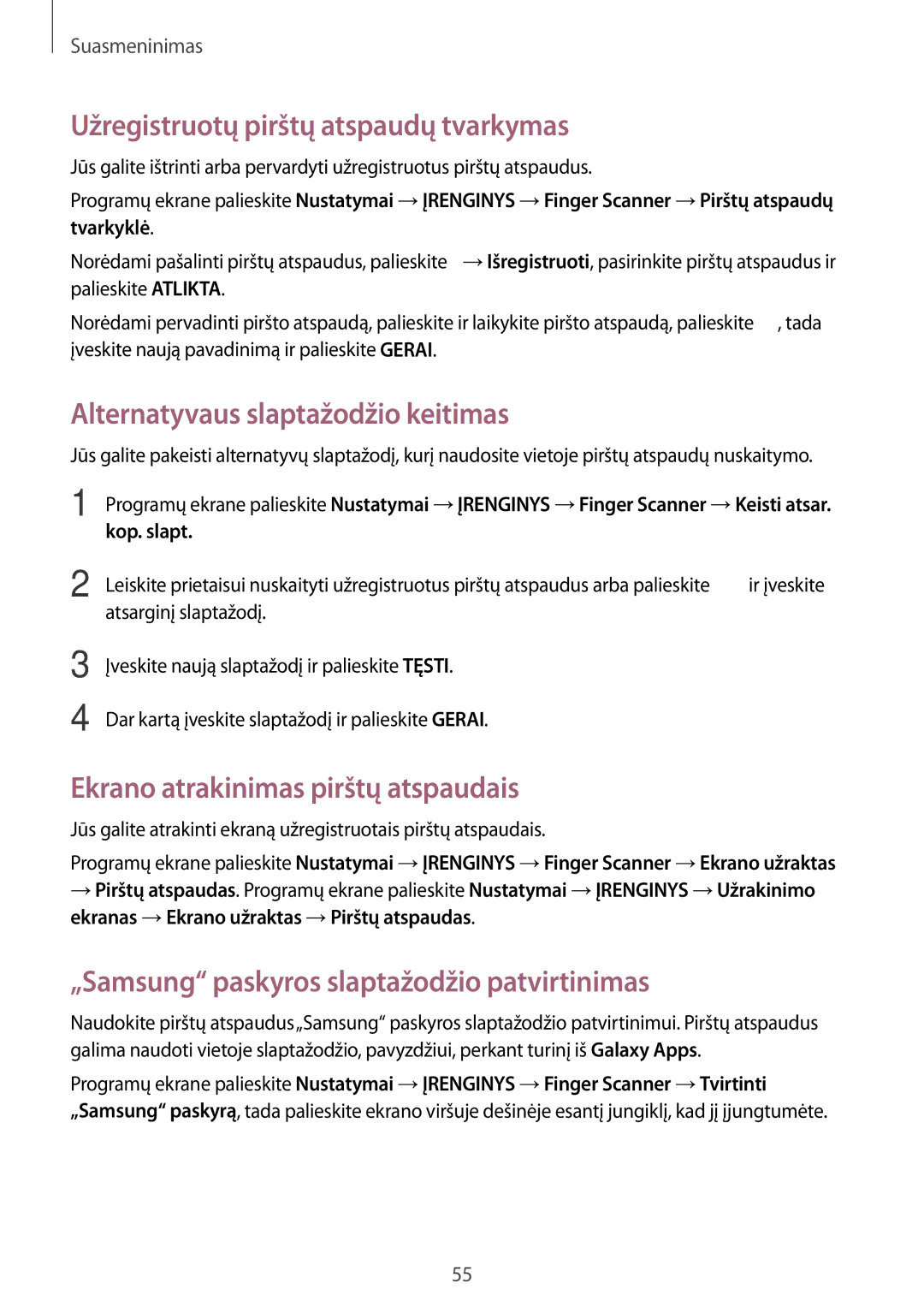 Samsung SM-T700NTSASEB, SM-T700NZWASEB manual Užregistruotų pirštų atspaudų tvarkymas, Alternatyvaus slaptažodžio keitimas 