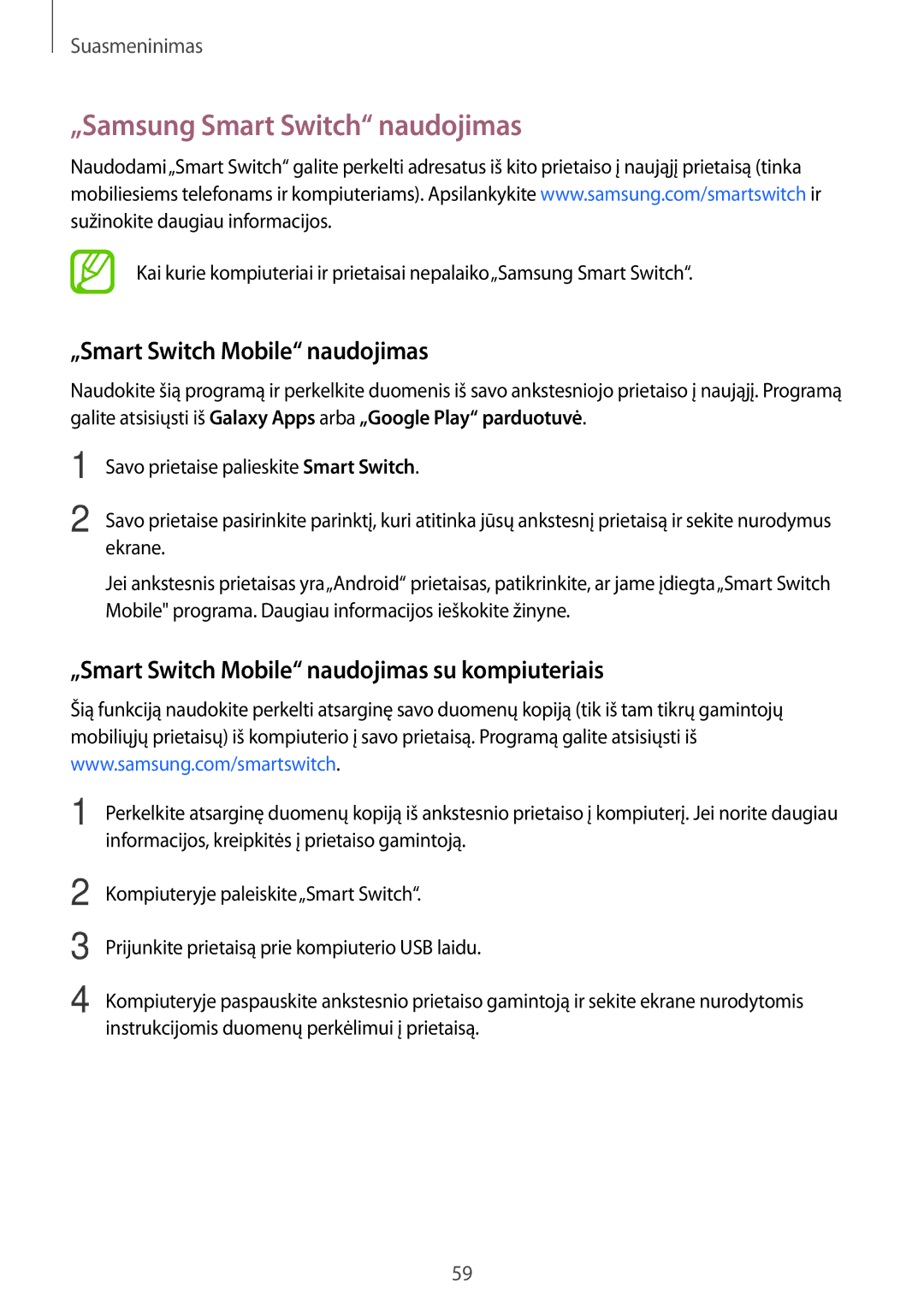 Samsung SM-T700NTSASEB, SM-T700NZWASEB manual „Samsung Smart Switch naudojimas, „Smart Switch Mobile naudojimas 